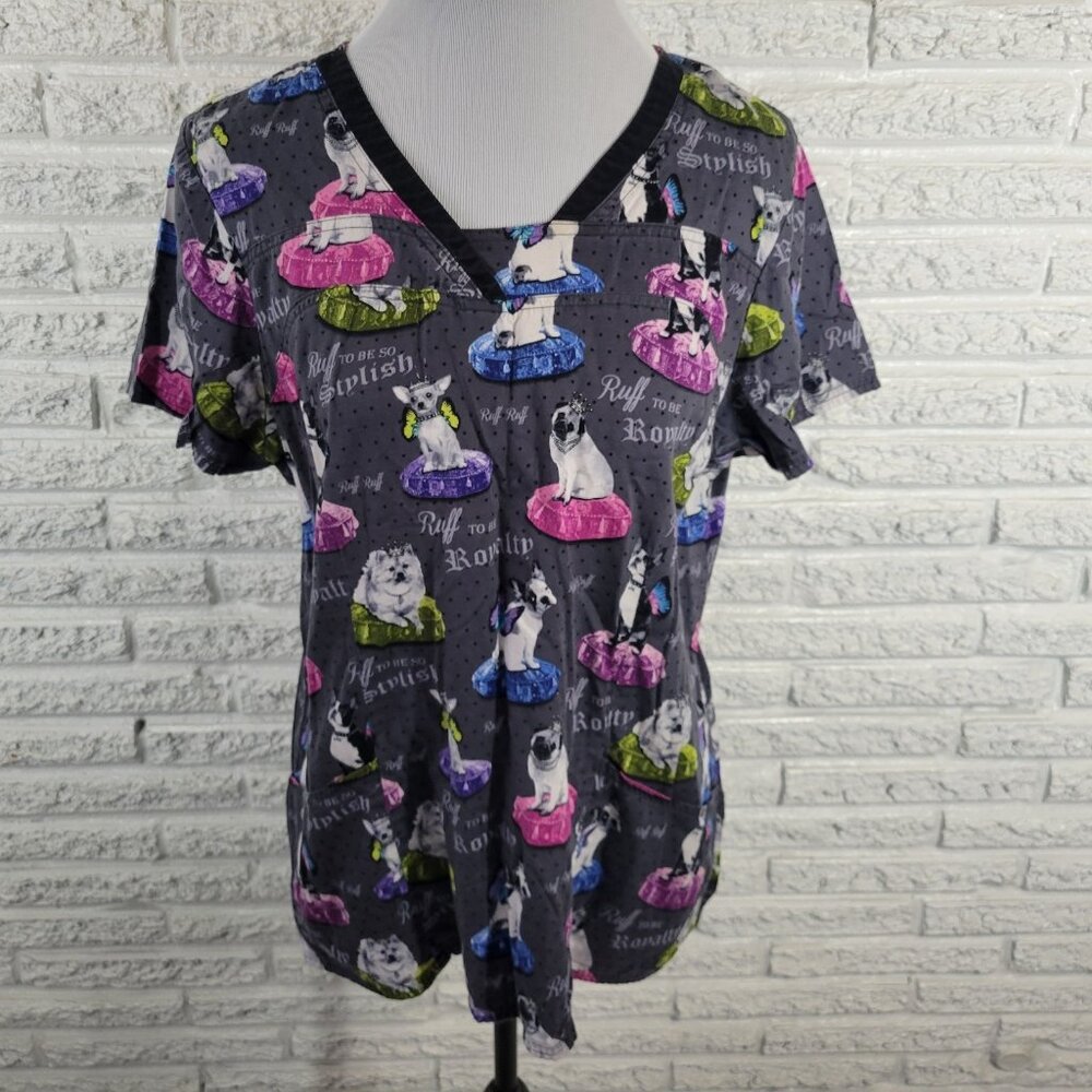 Heartsoul Unisex XL Gray Scrub Top Puppy Dog Print Vet Tech Medical NOV86E